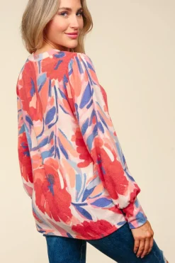 Watercolor Floral Hacci Long Sleeve Blouse - Blush