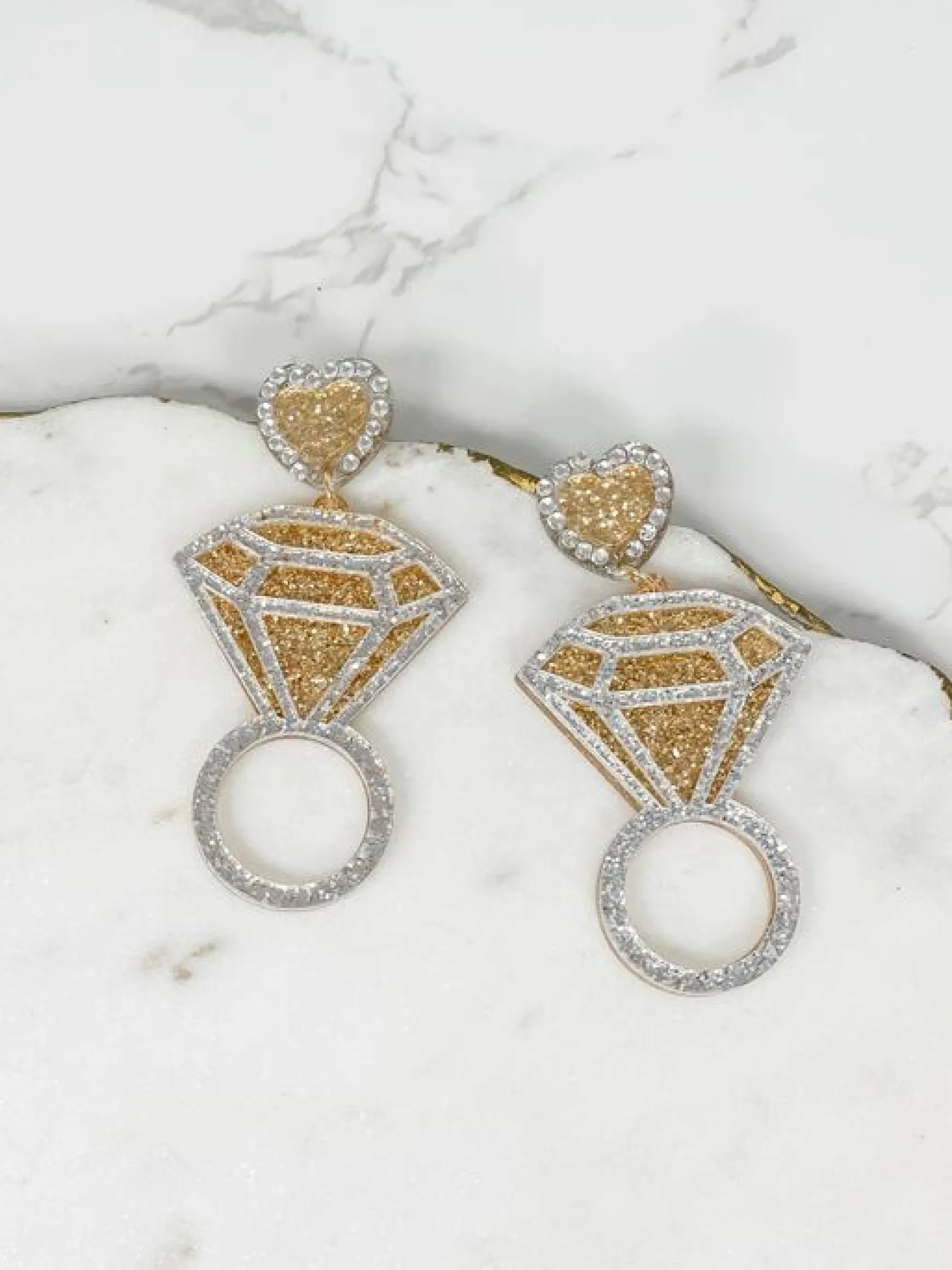 Wedding Ring Glitter Dangle Earrings - Gold