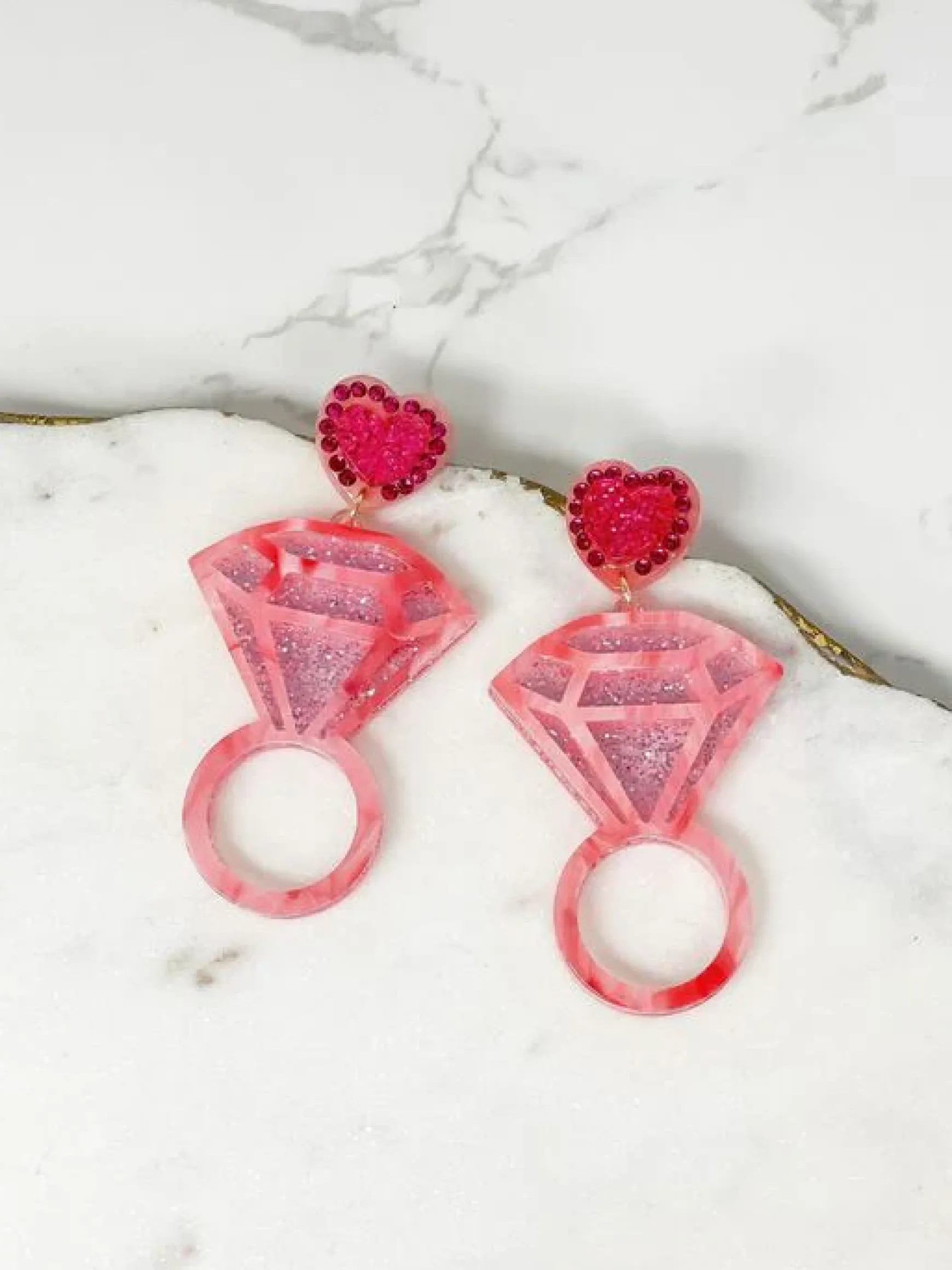 Wedding Ring Glitter Dangle Earrings - Pink