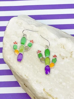 Western Stained Glass Cactus Dangle Earrings