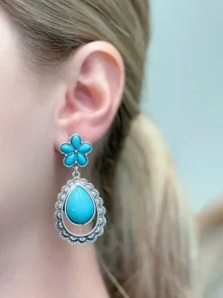 Western Turquoise Teardrop Cutout Drop Earrings