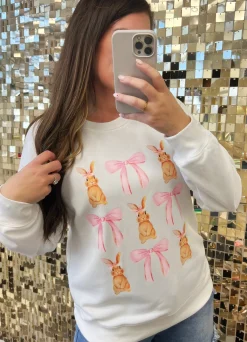 White Easter Bunny Bow Print Round Neck Pullover Sweatshirt