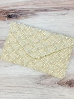 White Pearl Scalloped Beaded Crossbody Clutch
