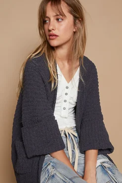 Wide Cuff Sleeve Chunky Knit Cardigan by POL - Ink Charcoal