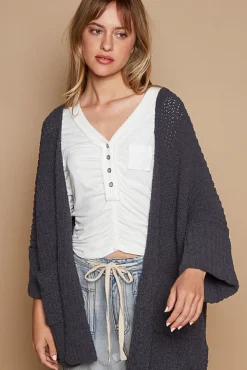 Wide Cuff Sleeve Chunky Knit Cardigan by POL - Ink Charcoal