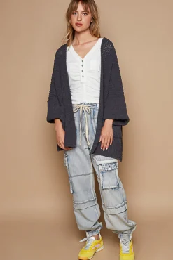 Wide Cuff Sleeve Chunky Knit Cardigan by POL - Ink Charcoal