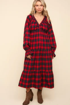 Winter Plaid Long Sleeve Maxi Dress - Red