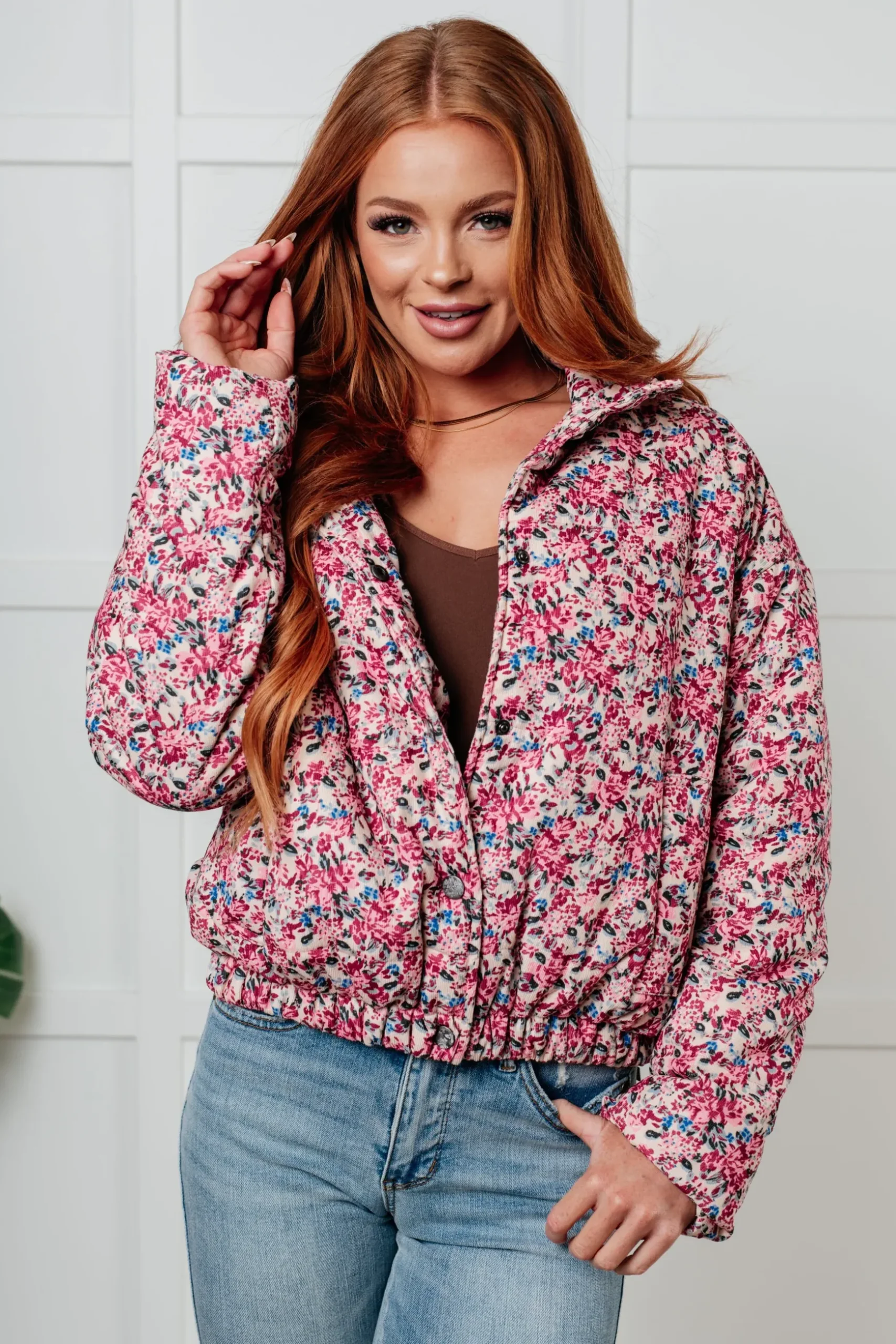 Wish Me Well Floral Printed Puffer Jacket in Cream Multi