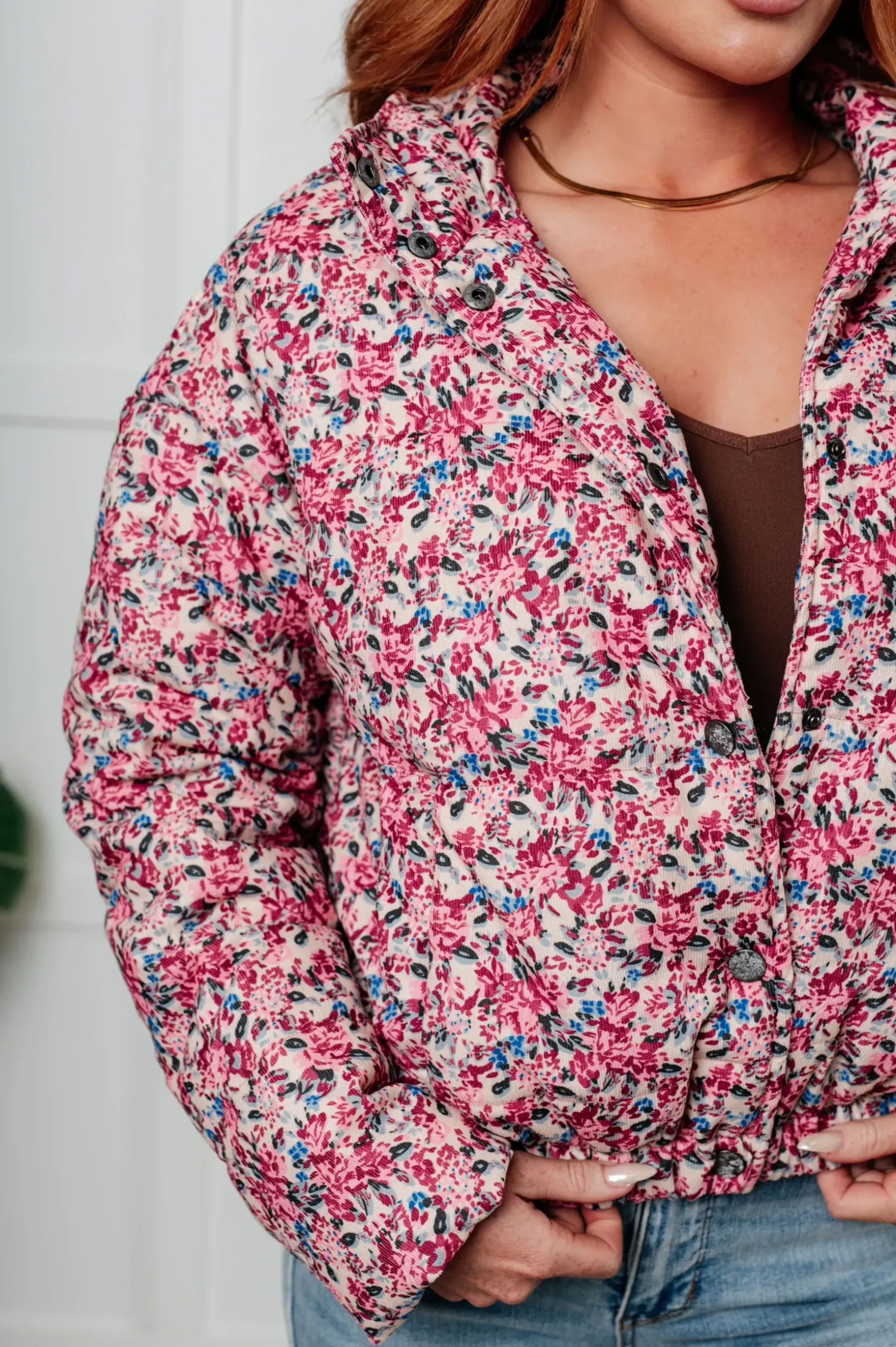 Wish Me Well Floral Printed Puffer Jacket in Cream Multi