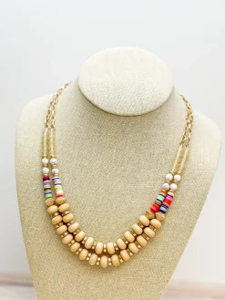 Wood Bead & Rubber Disk Mixed Necklace