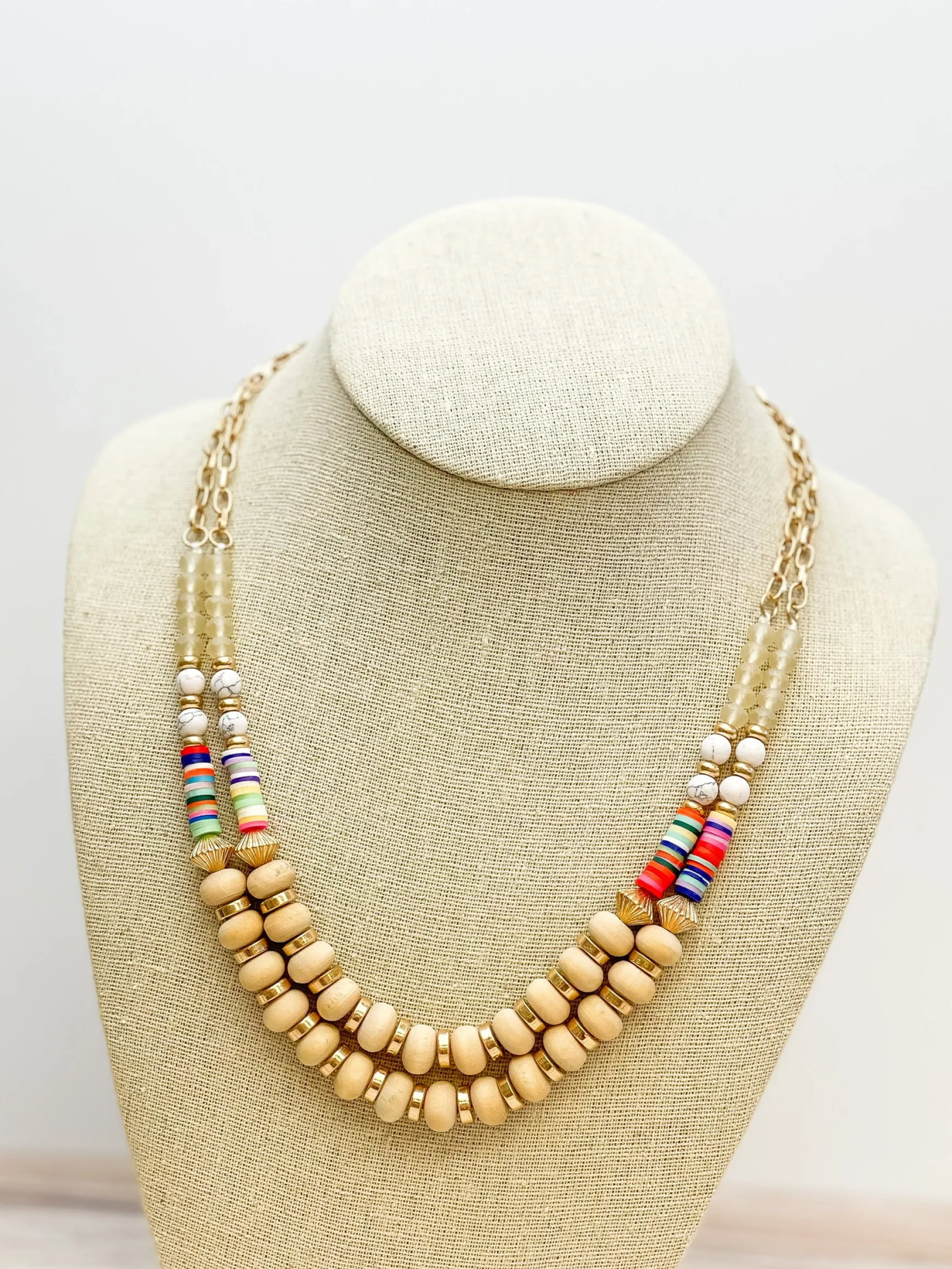 Wood Bead & Rubber Disk Mixed Necklace