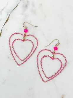 Wrapped Double Heart Dangle Earrings - Pink
