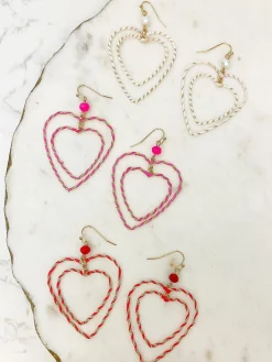 Wrapped Double Heart Dangle Earrings - Pink