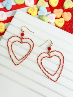 Wrapped Double Heart Dangle Earrings - Red