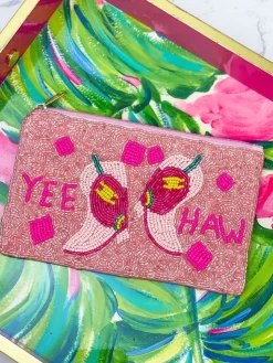 'Yeehaw' Pink Boots Beaded Zip Wristlet