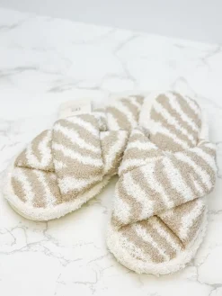 Zebra Criss Cross Fuzzy Slippers - Beige