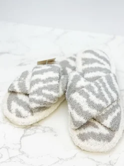 Zebra Criss Cross Fuzzy Slippers - Gray