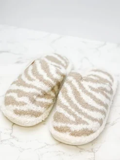 Zebra Fuzzy Slippers - Beige